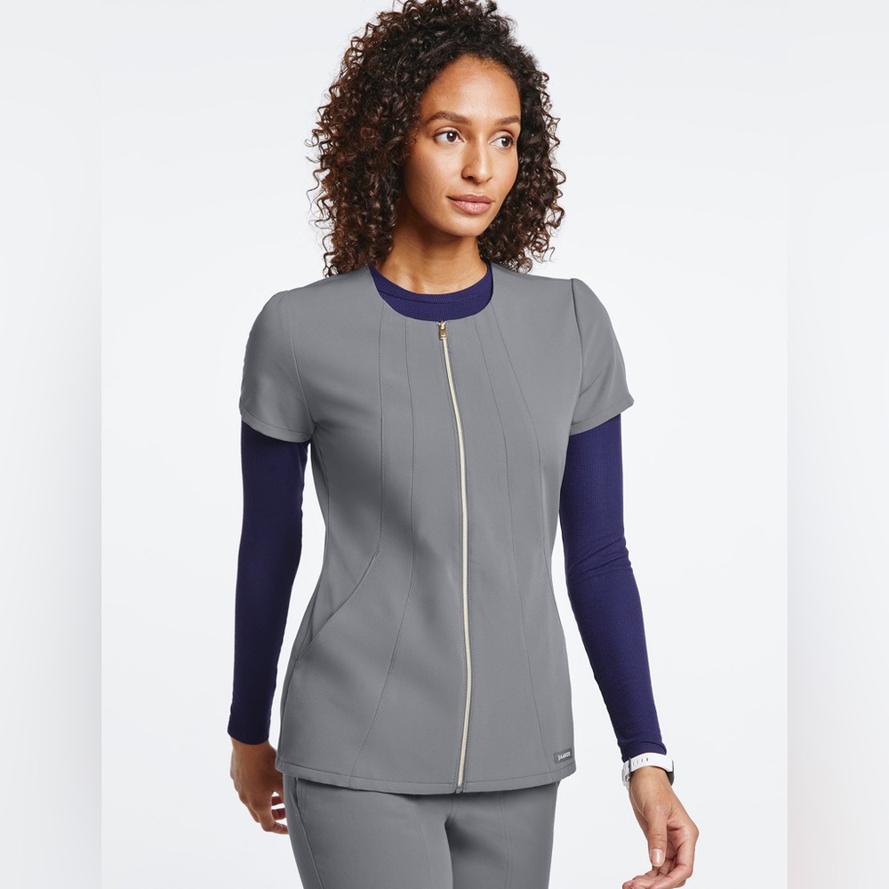 Jaanuu XS Women’s Princess Gold Zip Front Scrub Top Light Gray